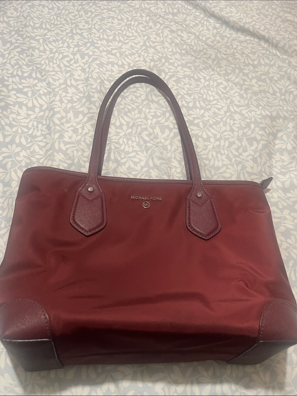 Michael Kors Wine Red Nylon Tote with Leather Trim